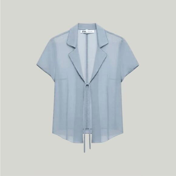 Y2K Baby Blue Sheer Chiffon Tie Front Top Short Sleeve Vintage 90s 00s Fairy S M - Picture 1 of 8